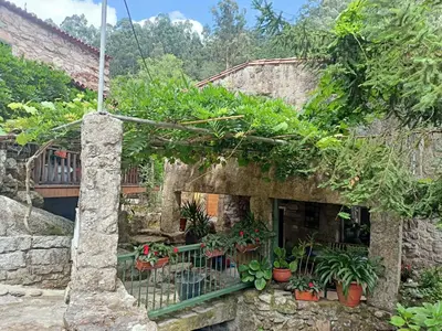 an old house with plants on the side of it at Molino cascada de caldas de reyes in Caldas de Reis