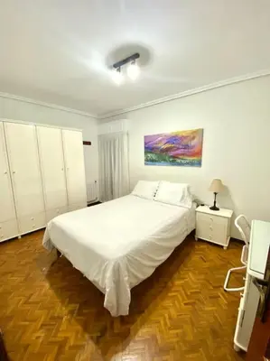 a bedroom with a white bed and a painting on the wall at Piso Doniz in Ourense