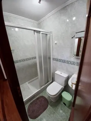 a bathroom with a white toilet and a shower at Piso Villa Aurora in Carballino