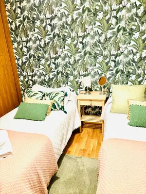 two beds in a room with a wall mural at Lula Apartamento in Betanzos