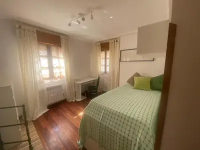 a bedroom with a bed with a green comforter at La Casina de Somiedo in Pola de Somiedo