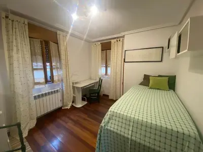 a bedroom with a bed and a desk in it at La Casina de Somiedo in Pola de Somiedo