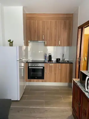 a kitchen with a white refrigerator and wooden cabinets at Coqueto alojamiento cercano a las termas B in Ourense