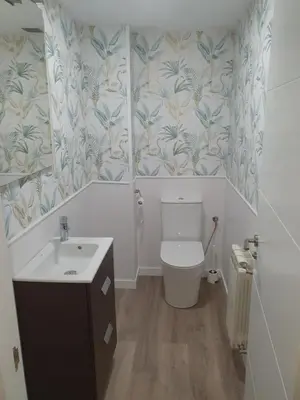 a bathroom with a sink and a toilet and wallpaper at VUT Sierra Pambley in Villablino