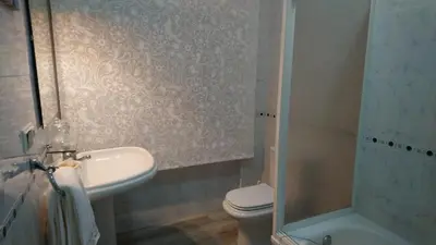 a bathroom with a sink and a toilet and a shower at Hostal 