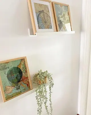 two shelves with pictures and a plant on a wall at Apartamento San Roque in Betanzos