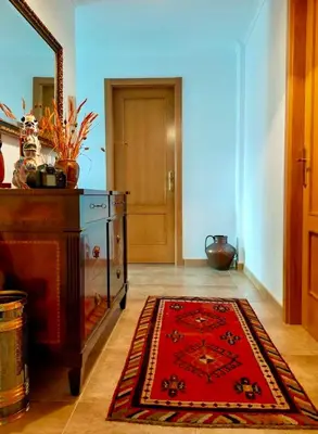 a living room with a red rug on the floor at Preciosas vistas en el corazón de la Riveira Sacra in Quiroga