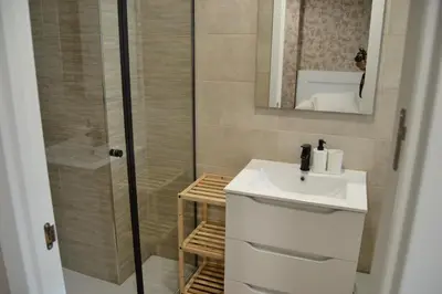 a bathroom with a white sink and a shower at Greco 8 in Sarria