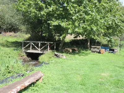 a wooden bridge over a stream in a field at Casa de Campo Pumarada de Oirín in Foz