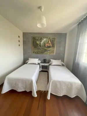 two beds in a room with a painting on the wall at Toxiños Lavacolla in A Coruña