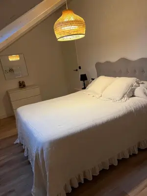 a bedroom with a large white bed with a chandelier at Casa El Santanderino in El Espino