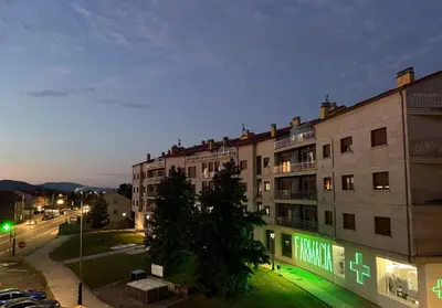 a view of a building at night at Apartamento moderno en Valga ideal para peregrinos y familias, junto al Camino de Santiago in Pontevedra