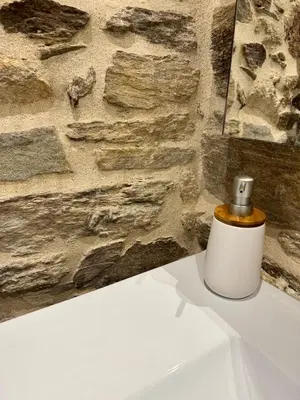 a soap dispenser sitting on top of a counter in front of a wall at Casa Bela I Apart Lux Santiago in Santiago de Compostela