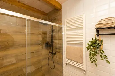 a shower with a glass door in a bathroom at Apartamentos Gurugú in Ribadeo