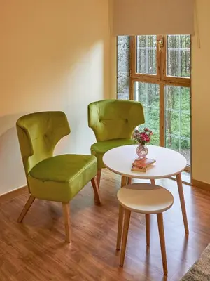 two green chairs and a table in a room at Casa Río Samo in Garabanja