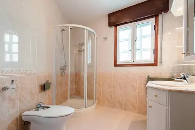 a bathroom with a shower and a toilet and a sink at Casa Bella Lalin- 4 Double bedroom Galician Country Home! in Pontevedra