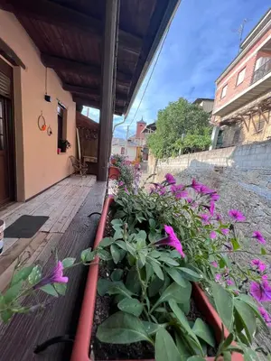 a garden with purple flowers on a porch at El Rincón del Val in Priaranza del Bierzo