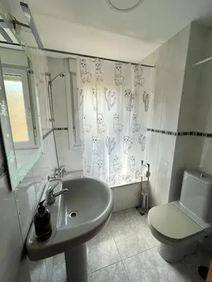 a bathroom with a sink and a toilet and a shower curtain at RAXEL - MIÑO in Miño