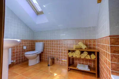 a bathroom with a toilet and a sink at Hostal Rural La Tintoreria in Villablino