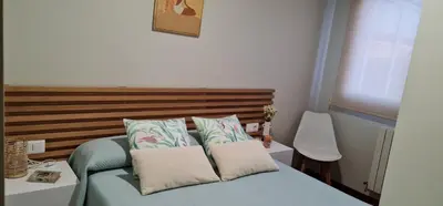 a bed with a wooden headboard and two pillows at Estudio céntrico con terraza in Xinzo de Limia