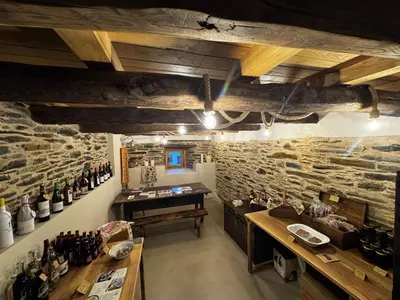 a wine tasting room with a stone wall at A Barreira -Lar da cima- in Folgoso