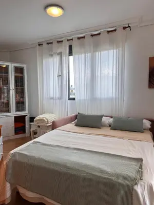 a bedroom with a large bed with white curtains at Suite Rigel in Ponferrada