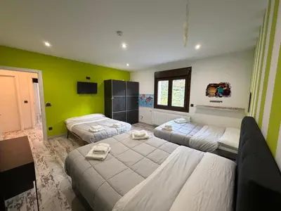two beds in a room with green walls at Villa de la paz Ribeira Sacra in Monforte de Lemos