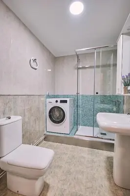 a bathroom with a washing machine and a toilet and a sink at Peregrina Pensión 5 in O Pedrouzo