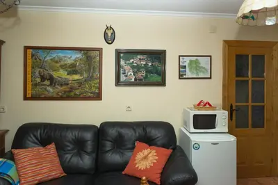 a living room with a black leather couch and a microwave at Apartamentos rurales La Veiga in La Riera