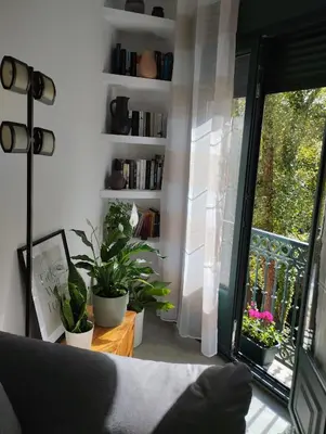 a living room with potted plants and a window at Campo da Torre in Caldas de Reis