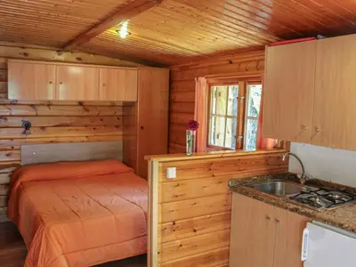 a bedroom with a bed and a sink in a cabin at Cabañas de Madera Sanabria in Vigo de Sanabria