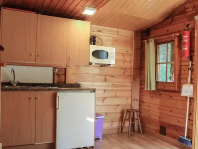 a kitchen with a refrigerator and a microwave at Cabañas de Madera Sanabria in Vigo de Sanabria