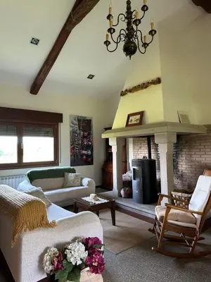 a living room with a couch and a fireplace at Casa AsCampinas in Ourense