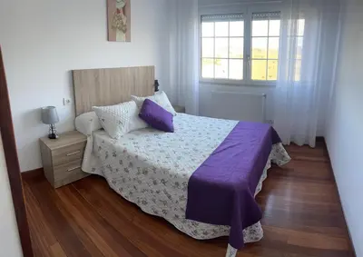 a bedroom with a bed with purple sheets and a window at Viviendas vacacionales as lagas in Palas de Rei