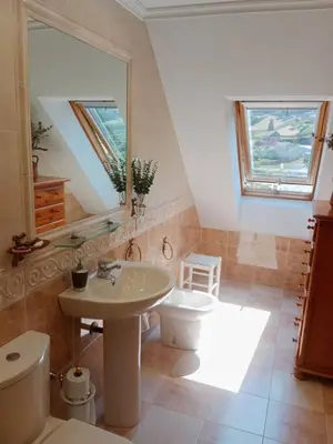 a bathroom with a sink and a toilet and a mirror at Penthouse Panorámico in Viveiro