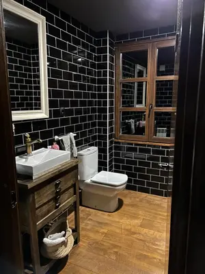 a black tiled bathroom with a toilet and a sink at Casona Rural de Lujo con increíbles vistas, La Casa de Rafael, ahora con 4 habitaciones in San Antolín