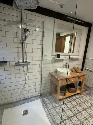 a bathroom with a shower and a sink at Casona Rural de Lujo con increíbles vistas, La Casa de Rafael, ahora con 4 habitaciones in San Antolín