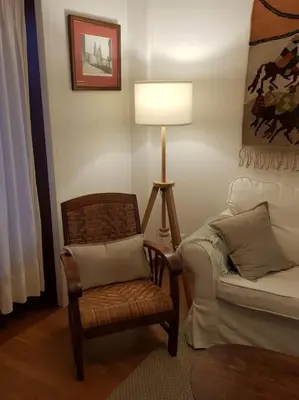 a living room with a chair and a lamp and a couch at Piso con preciosas vistas, patio privado y amplio garaje in Puentedeume