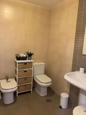 a bathroom with a toilet and a sink at Piso con preciosas vistas, patio privado y amplio garaje in Puentedeume