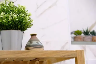 two vases sitting on a table with a plant at Adarve, con parking y vistas a la muralla in Lugo