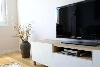 a television on a white entertainment center with a vase at Adarve, con parking y vistas a la muralla in Lugo