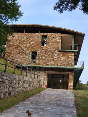 a dog standing in front of a brick building at COMPLEXO TURISTICO PONTE MOURULLE in Insúa
