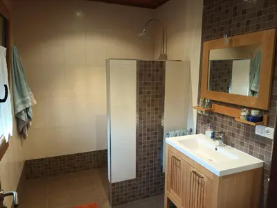 a bathroom with a sink and a shower at A Casa dos Vellos in Santa Irene