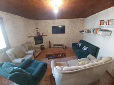 a living room with two couches and a fireplace at A Casa dos Vellos in Santa Irene