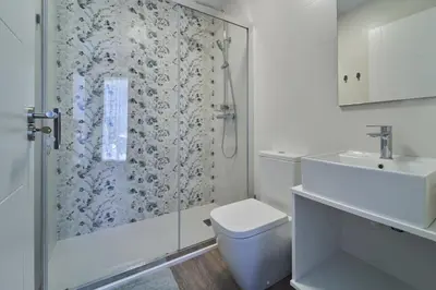 a bathroom with a shower and a toilet and a sink at Apartamentos Carballal in Palas de Rei