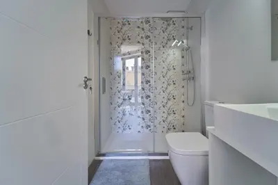 a white bathroom with a shower and a toilet at Apartamentos Carballal in Palas de Rei