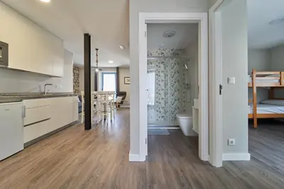 a kitchen and living room with a sink and a toilet at Apartamentos Carballal in Palas de Rei