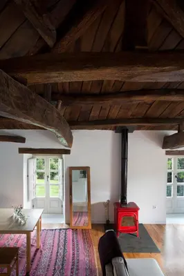 a living room with a wood stove and a mirror at Casa de las Flores / Casa de campo LUGO in A Pontenova