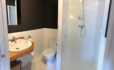 a bathroom with a shower and a toilet and a sink at Casa de las Flores / Casa de campo LUGO in A Pontenova