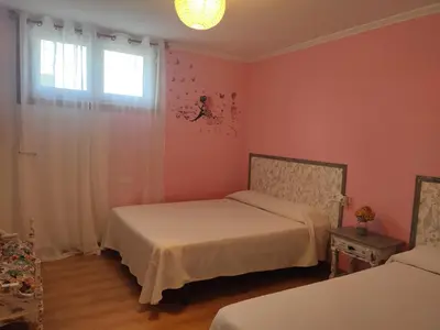 a bedroom with two beds and a window at Casa da Pinguela Camino Inglés in Ordes